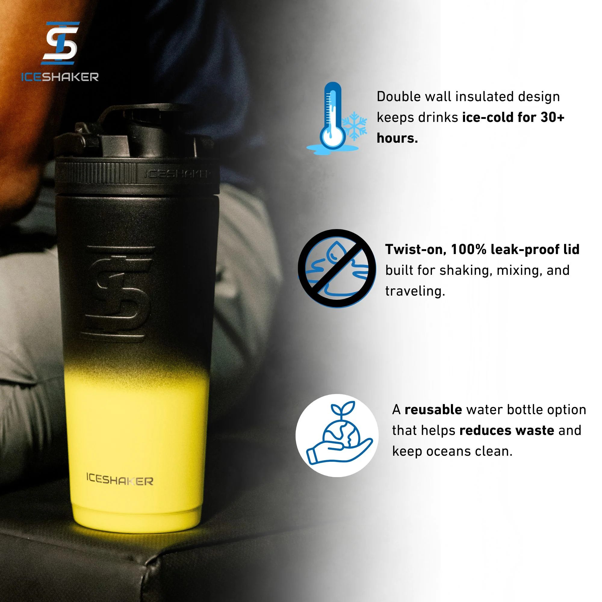 Ice Shaker Ombre Series 26oz Shaker Bottle - Yellow Black Ombre - Image 3